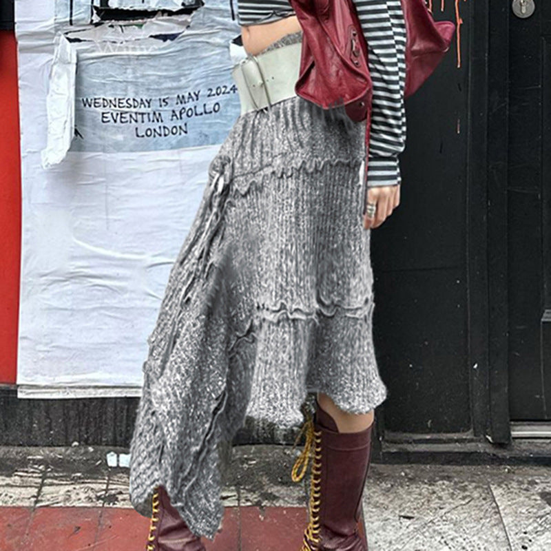 Damen asymmetrischer Strickrock mit dekorativen Fransen und elastischem Bund Skovae