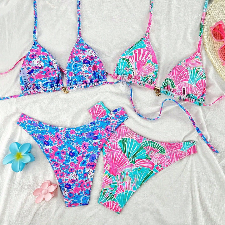Dame trekanten bikini sæt med blomster mønstre og elegante stropper Skovae