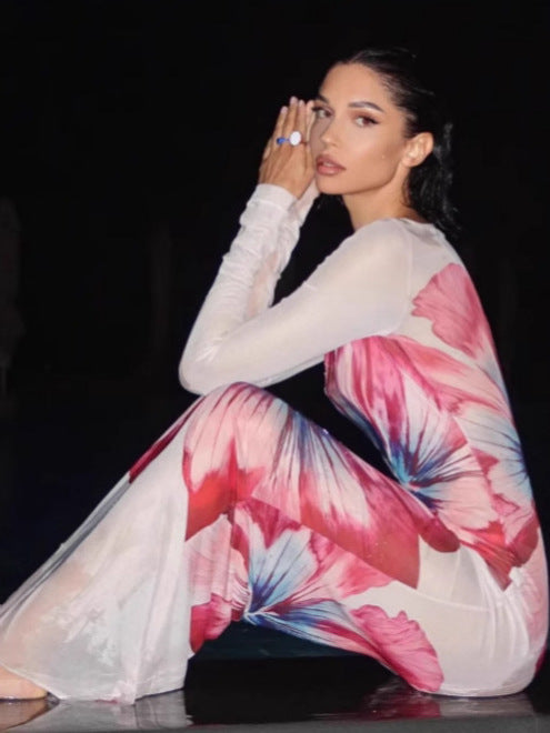 Femme Elegant Floral Langærmet Midi Kjole Stilla