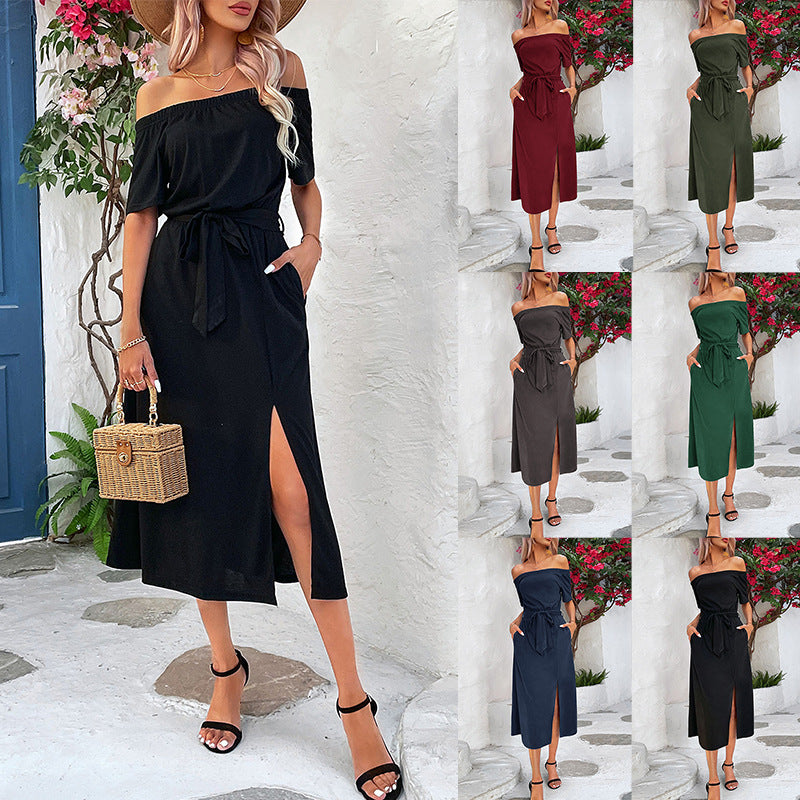 Dame Off-Shoulder Maxi Kjole med Elegant Slids og Talje Bælte Stilla