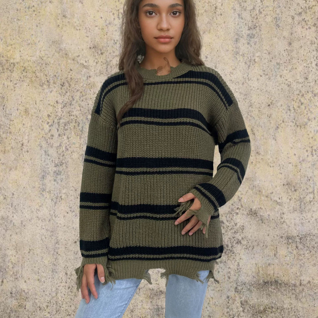 Stilla | Pullover Pullover Oversize Fit Strikket Uld Kontraststriber Frynser Kant