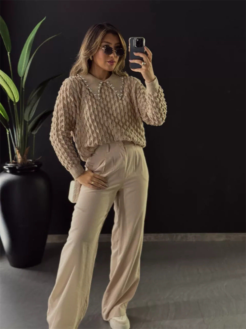 Dame Grovstrikpullover med elegant knappeliste Stilla