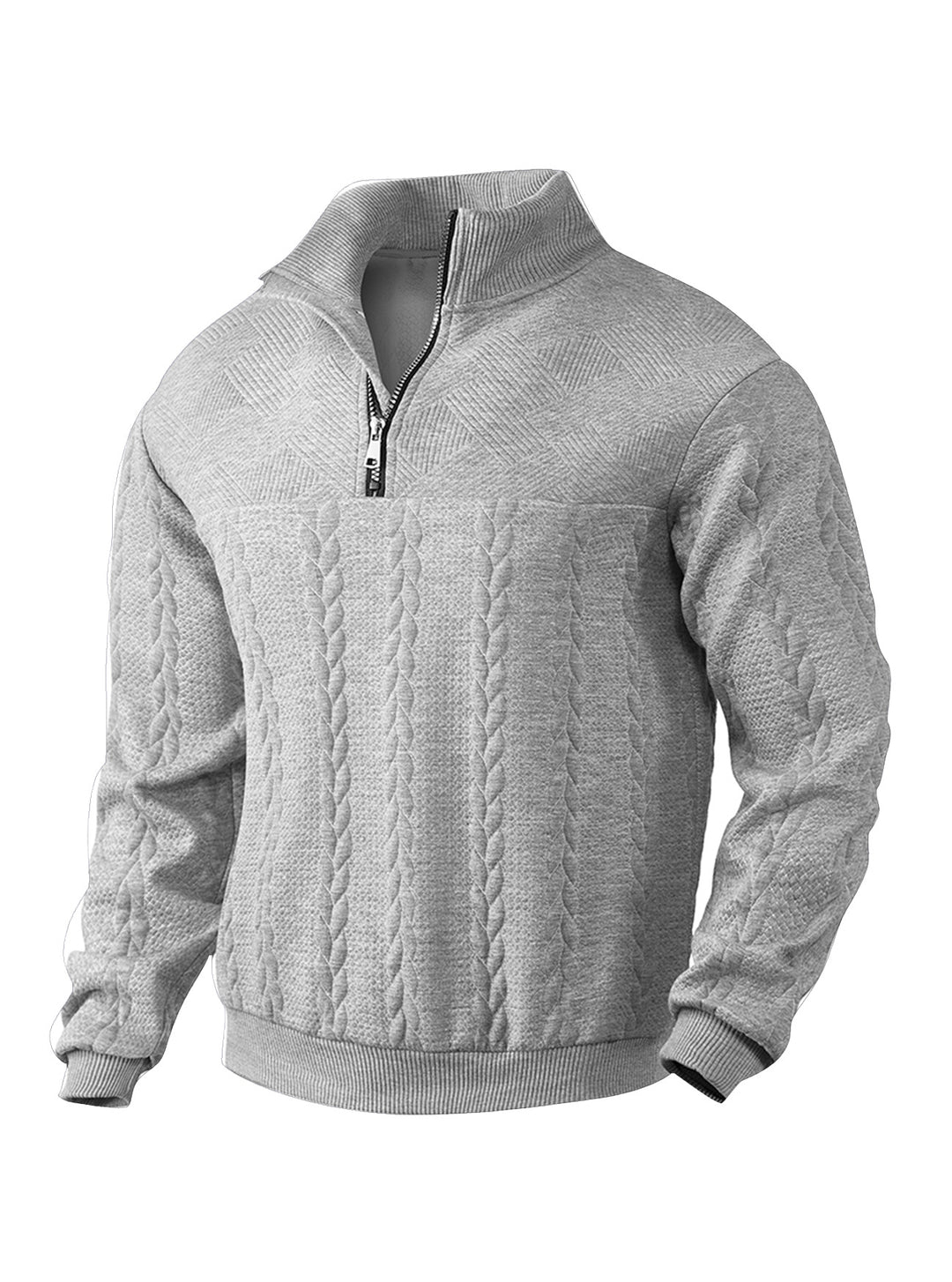 Herrer nan tekstureret strikpullover med halvlynlås, fletmønster og høj ståkrave Skovae