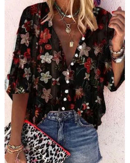 Kvindernes Gennemsigtige Bluse med Blomsterbroderi og Oversized Snit