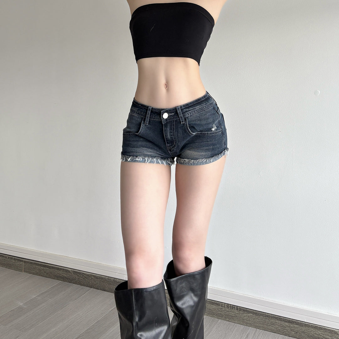 Dame Denim-shorts med frynsede kanter Skovae