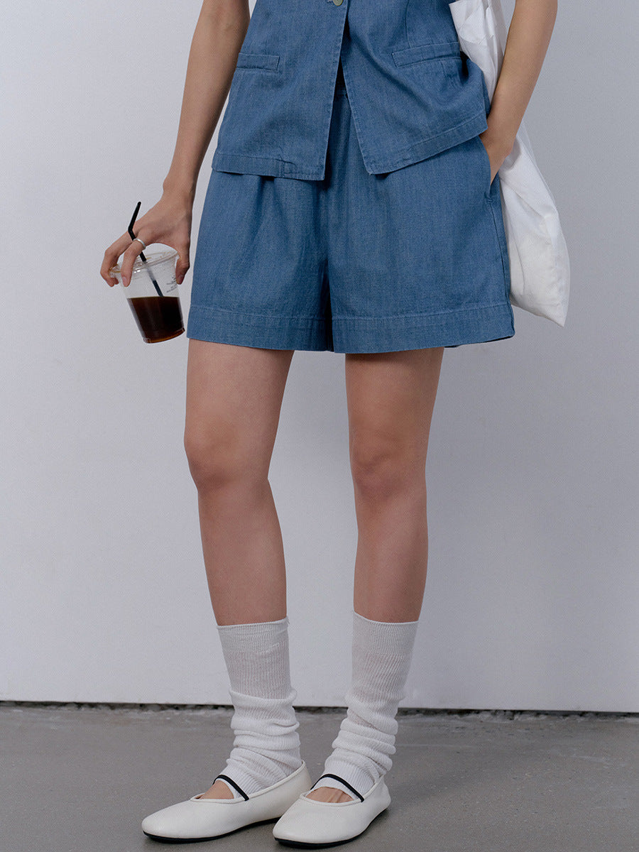 Dame korte denim shorts med elastisk talje og praktiske lommer Stilla