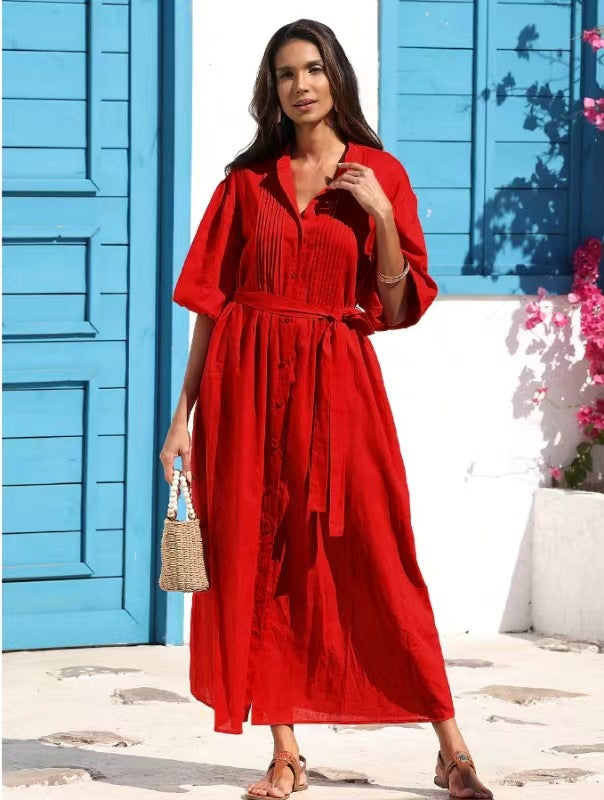 Dame Button-Up Maxi Kjole med fyldte detaljer Stilla