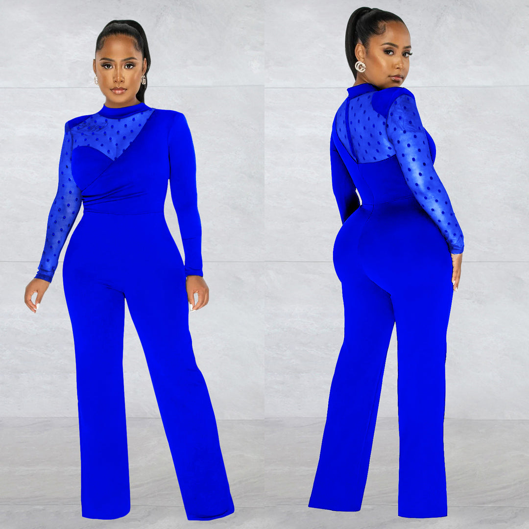 Dame Elegant Jumpsuit med transparente ærmer og stilfuld indpakningsdesign Stilla