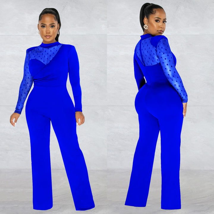 Dame Elegant Jumpsuit med transparente ærmer og stilfuld indpakningsdesign Stilla