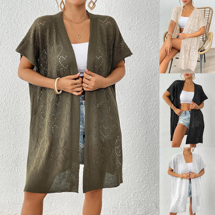 Dame luftig strikket kimono med blomster mønster Skovae
