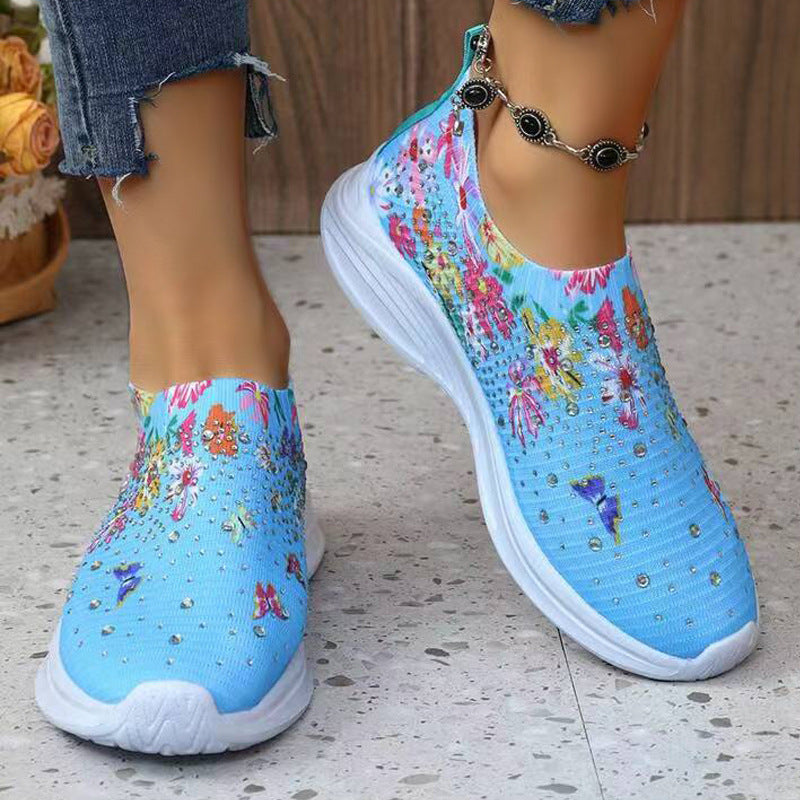 Dame Elastiske Slip-On Sneakers med floralt Strassdesign og dæmpende sål Stilla
