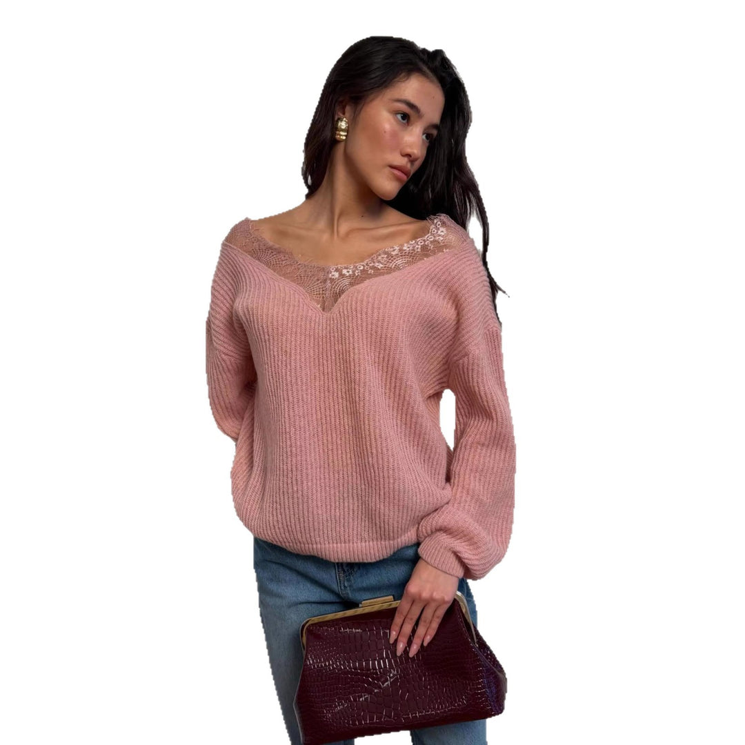 Dames strikket sweater med romantisk blonderkrave Stilla