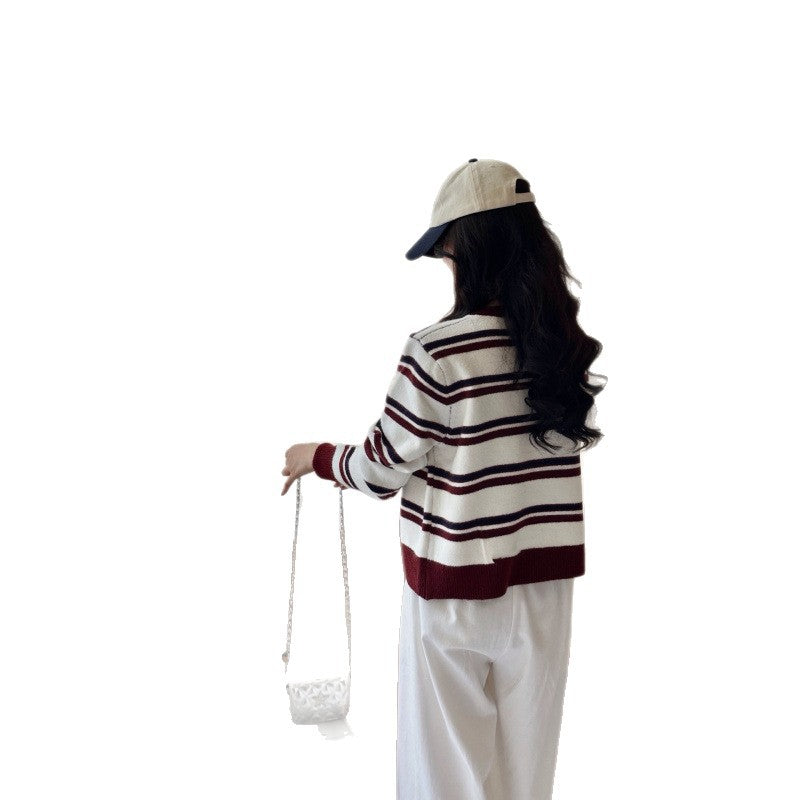 Dame fashionable knap cardigan med stribet mønster Stilla