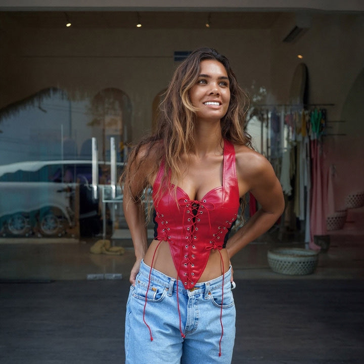 Dame Læder-Corset-Top med snøring og asymmetrisk snit Skovae