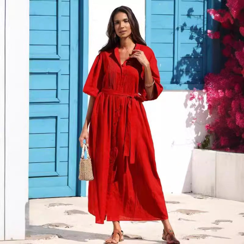 Dame Button-Up Maxi Kjole med fyldte detaljer Stilla