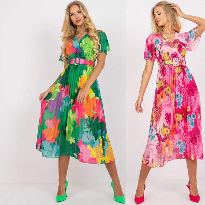 Dame Falten Vikkel Midi Kjole med farverigt Blomsterprint Stilla