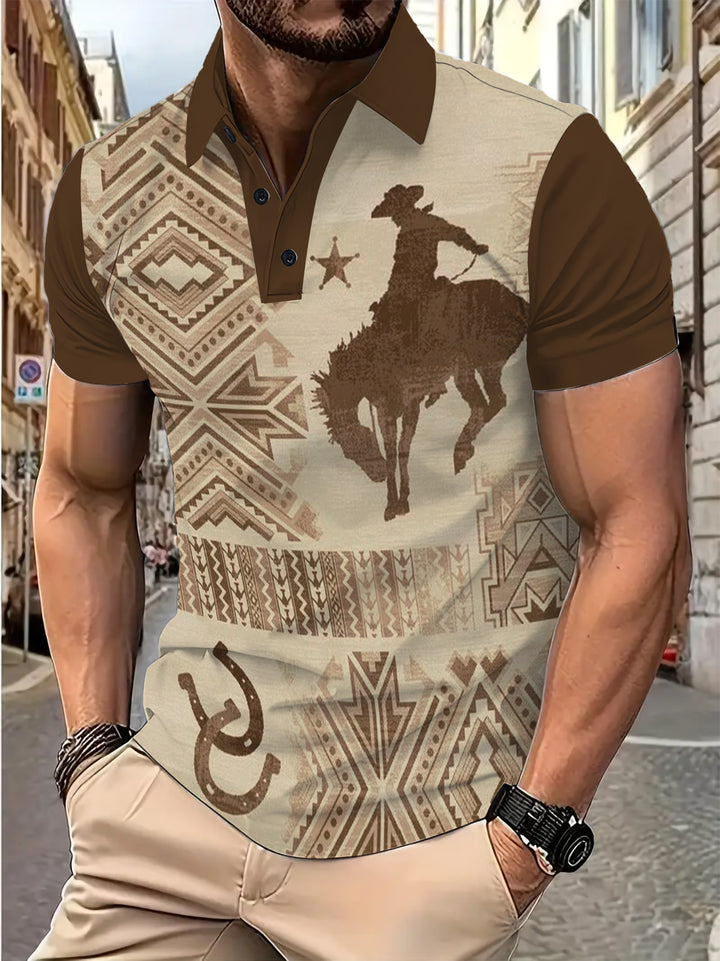 Herre polo-shirt med kreativt cowboy-motiv og traditionelt mønster Stilla