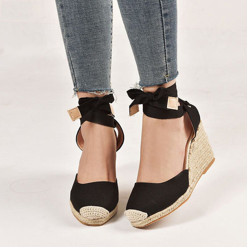 Dame nan Textil-Espadrille med bastkile, sløjfebånd-ankelrem og hæklede tåkapper Skovae