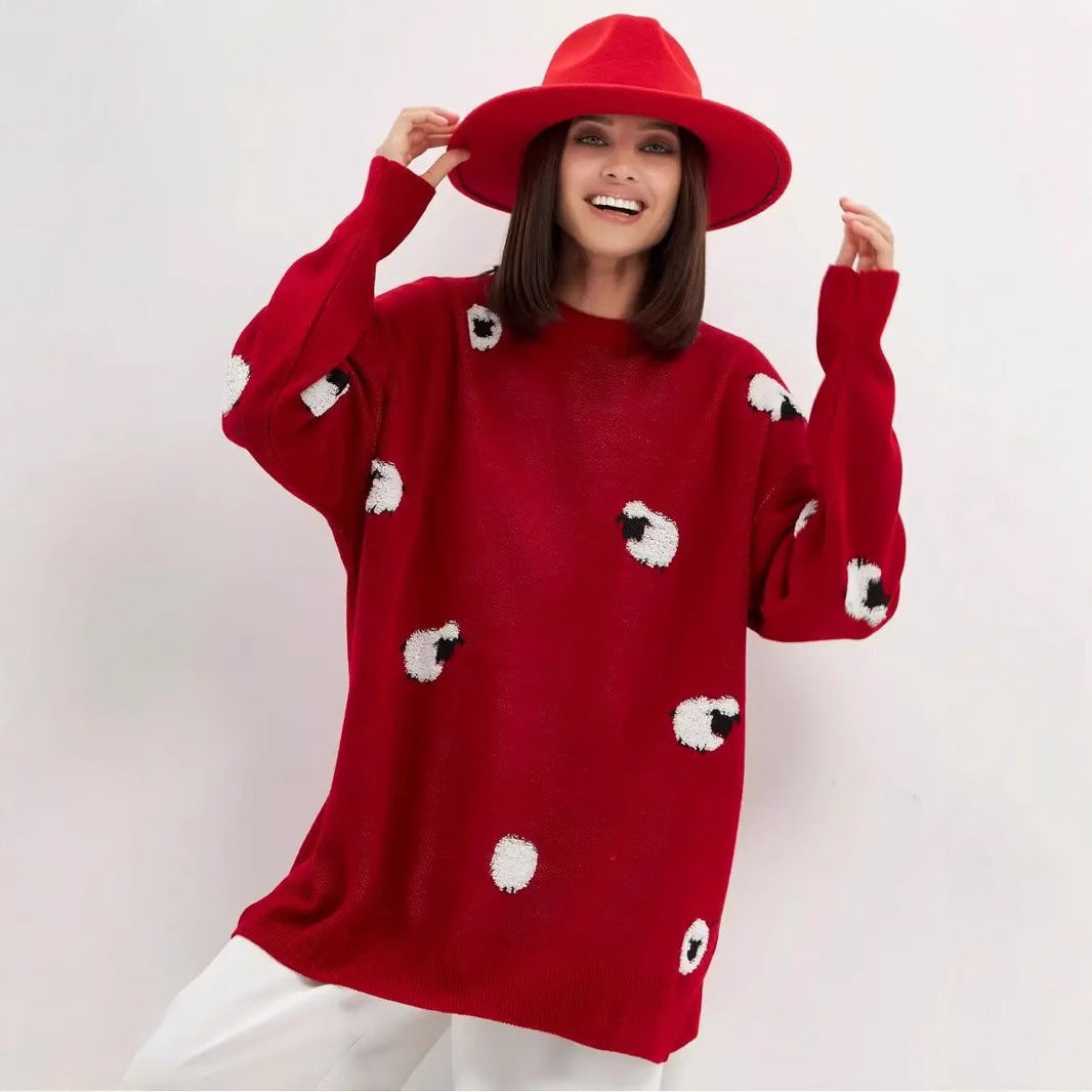 Dame strikpullover med legende fåredesign og afslappet oversized pasform Stilla