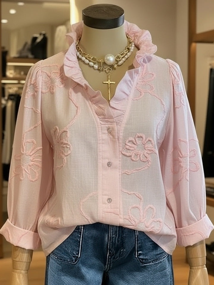 Dame elegant bluse med florale broderier og voluminøse ærmer Skovae