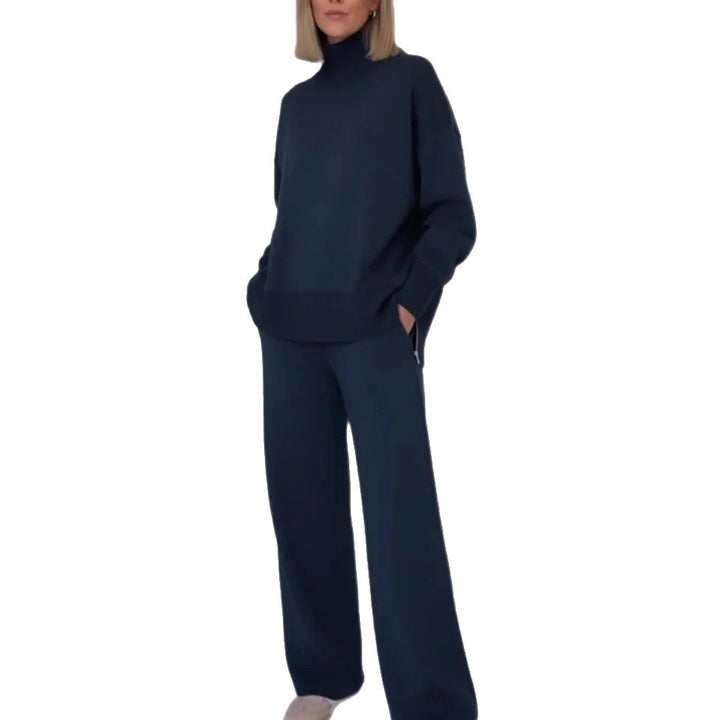 Damers Komfortable Strikket Loungewear Sæt med Højhalset Sweater og Bredskårede Bukser Stilla