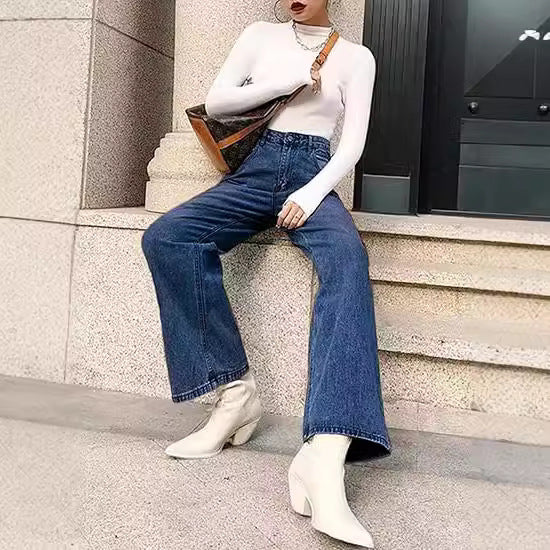Dame brede høj talje jeans med komfortabel pasform og afslappet stil Skovae