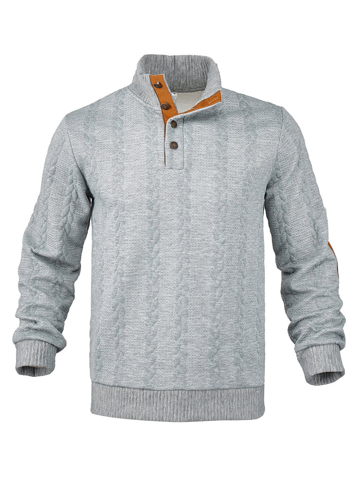 Herrer med fletmønstret halvknap pullover med høj ståkrave og ruskindsalbuepatches Skovae