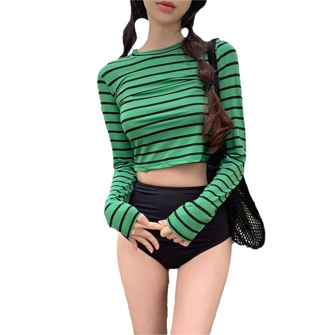 Dame Sporty Langærmet Crop-Top med Stribemønster og Høj Trusser Stilla