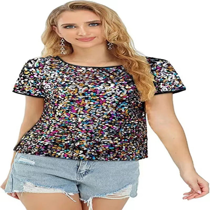 Kvinder Glitrende Paillet T-Shirt med Casual Snit og Behageligt Bomuldsmateriale Skovae