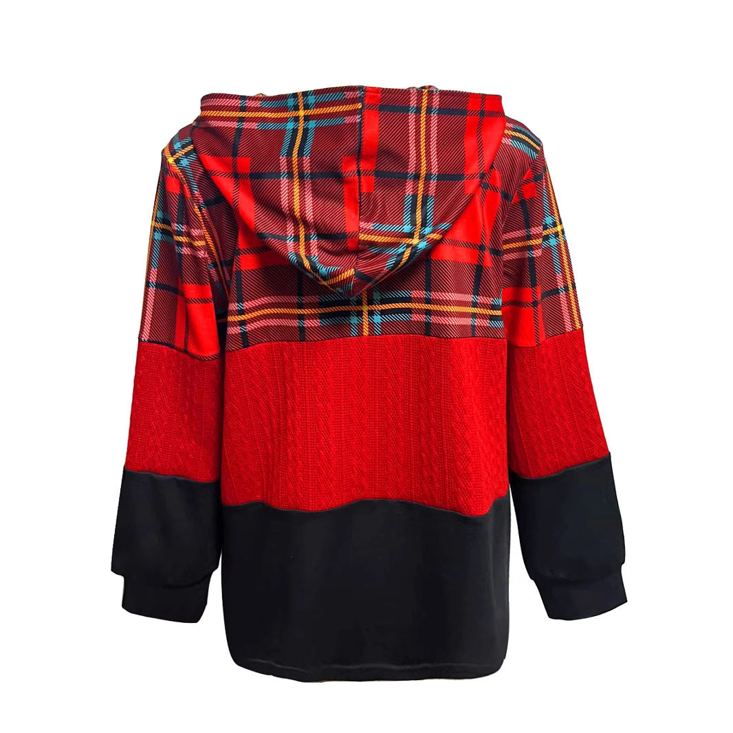 Dame lang hættetrøje i patchwork-stil med ternede og strikindsatser, frontlynlås og stiklommer Skovae