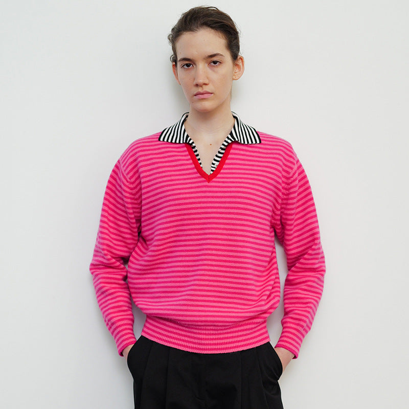 Dame elegant stribet knap-cardigan med klassisk krave Stilla