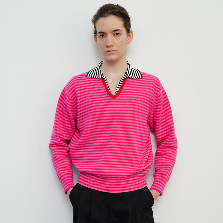 Dame elegant stribet knap-cardigan med klassisk krave Stilla