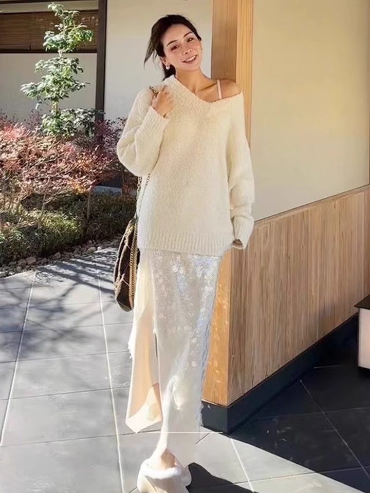 Dame skinnende Maxi-nederdel med asymmetrisk snit og glimmerdetaljer Stilla