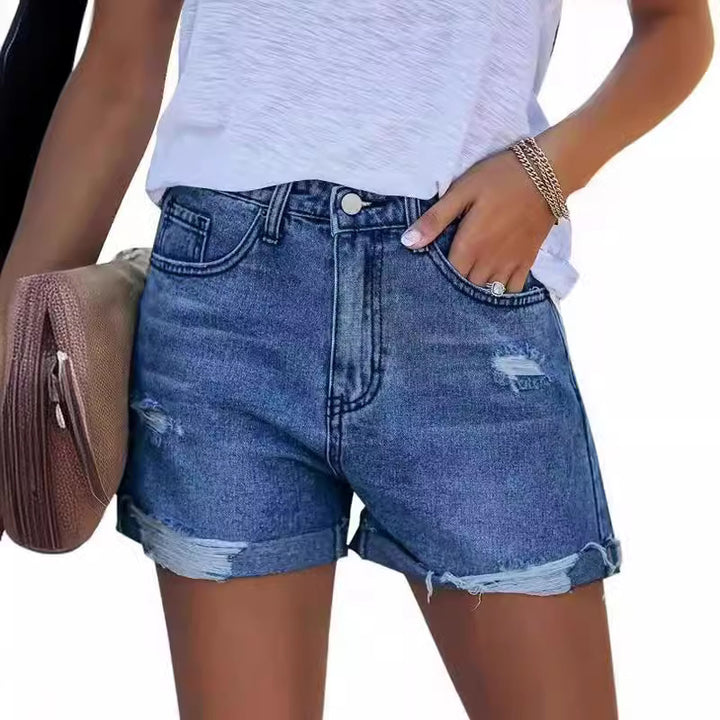 Dame sommerlige destroyed jeansshorts med opfoldet kant Skovae