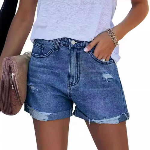 Dame sommerlige destroyed jeansshorts med opfoldet kant Skovae