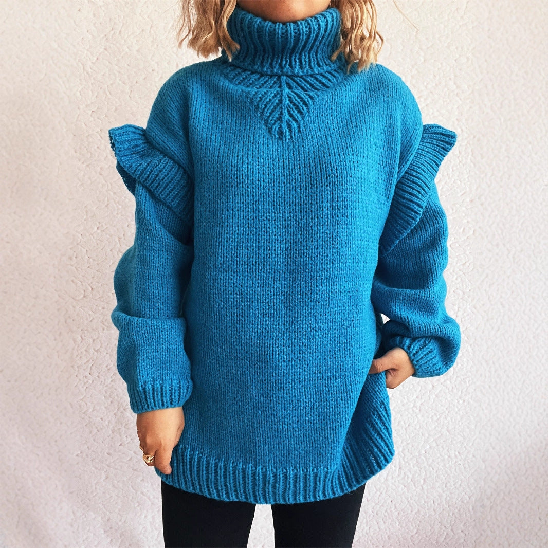 Kvinders strikket sweater med volangdetaljer og høj krave Stilla