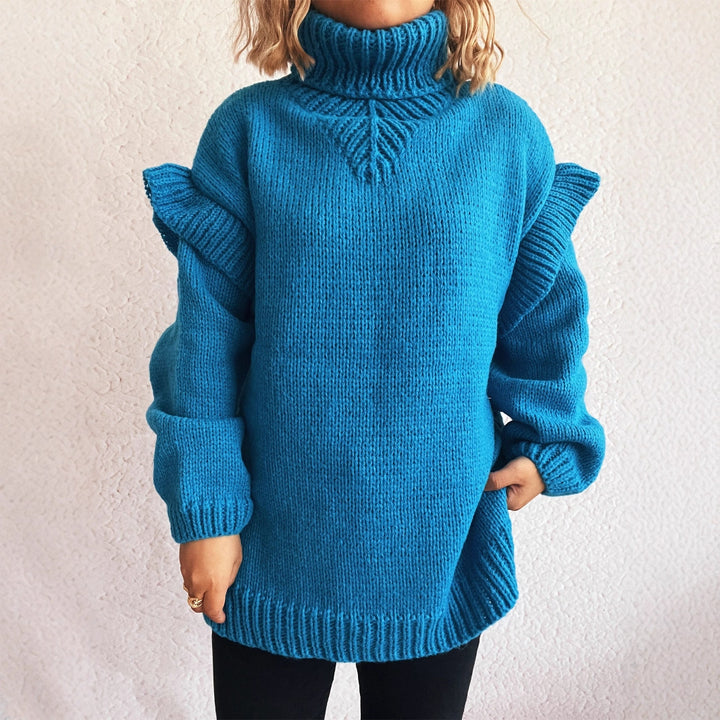 Kvinders strikket sweater med volangdetaljer og høj krave Stilla