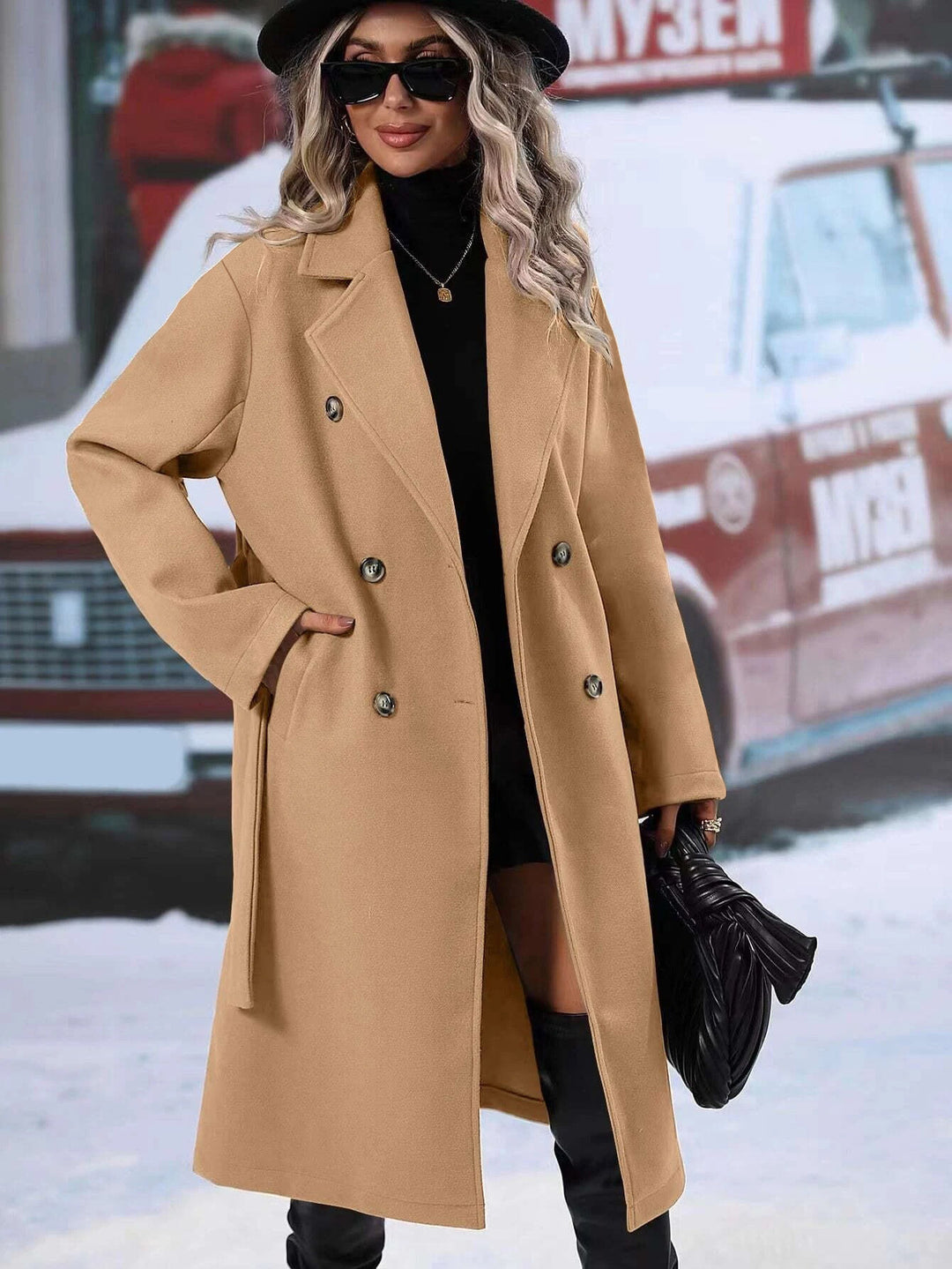 Kvinders elegante oversized frakke med dobbelt knaplukning og chic bælte Stilla