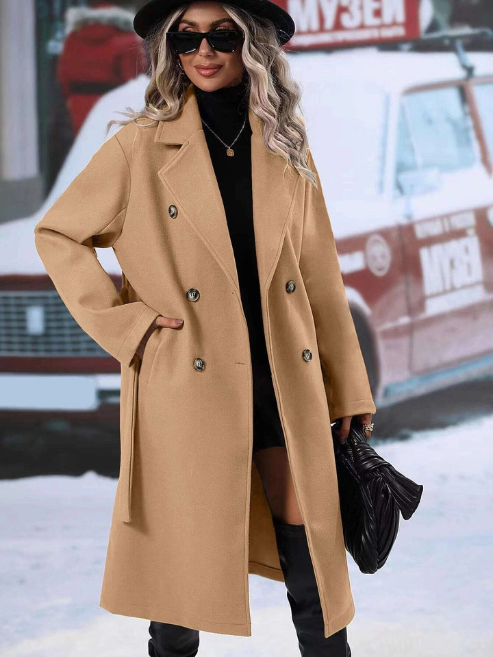 Kvinders elegante oversized frakke med dobbelt knaplukning og chic bælte Stilla