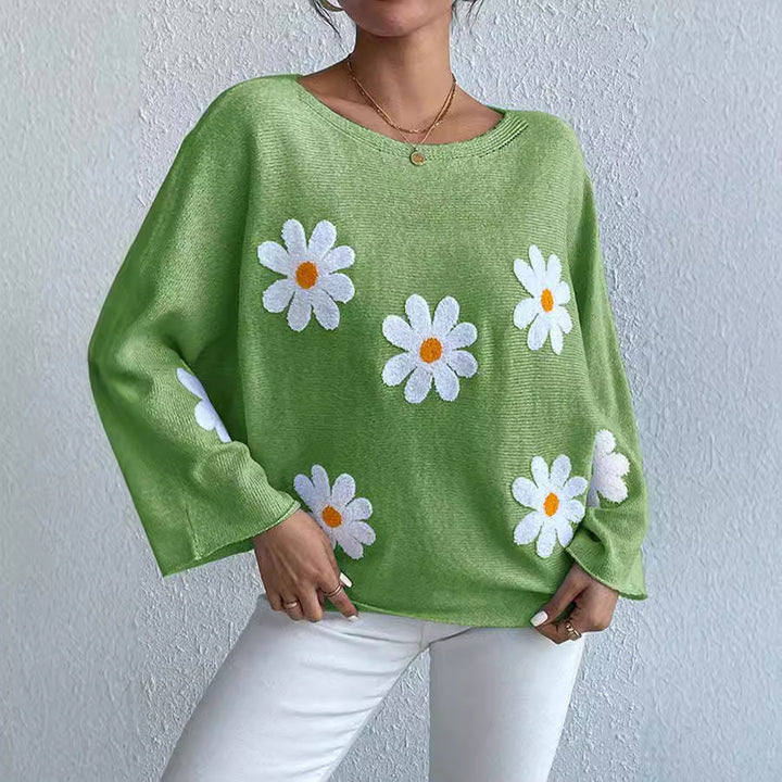 Kvindernes strikkede sweater med legende blomsterdesign og løs pasform Stilla