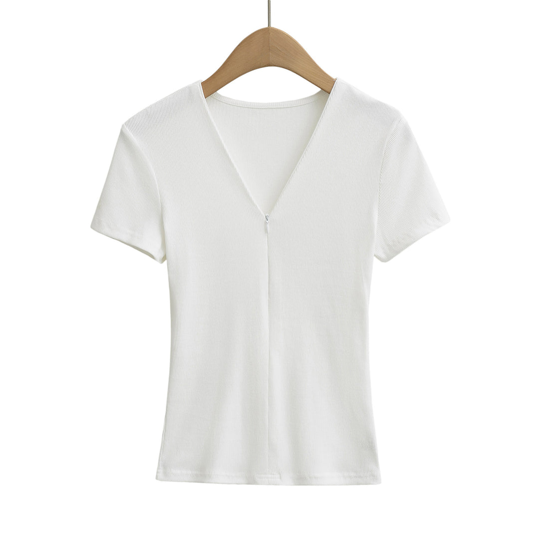 Dame Strik-T-shirt med V-hals og lynlås Stilla