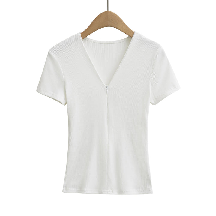 Dame Strik-T-shirt med V-hals og lynlås Stilla