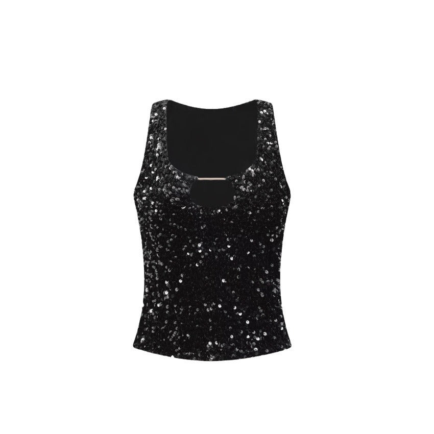 Kvinder Glitrende Crop Top med Glitrende Effekt og Scoop-Cut U-hals