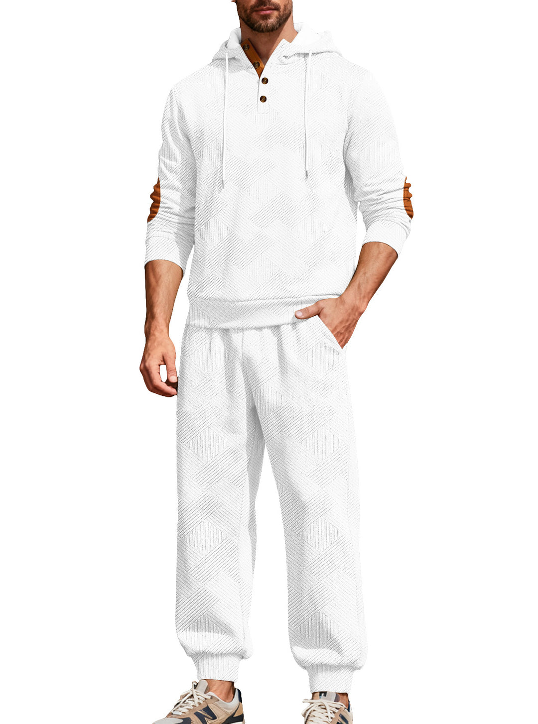 Herre nan struktureret hoodie-jogging sæt med Henley-knapstolpe og kontrast-albue-patches Skovae