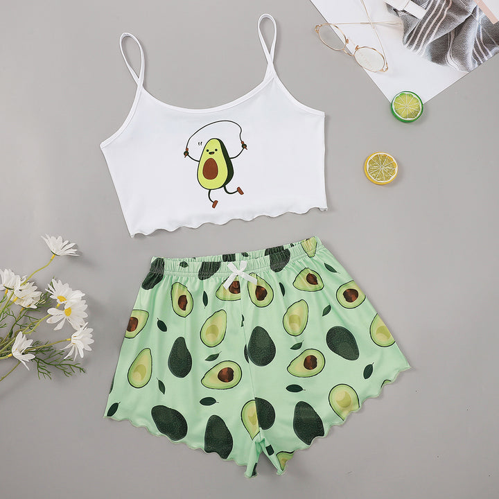 Dame Crop-Top og Shorts Sæt med sjovt Avocado-motiv Stilla
