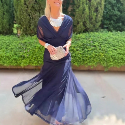 Dame nan flydende aftenkjole med gennemsigtigt chiffon-capelet, V-hals og taljeret drapering Skovae