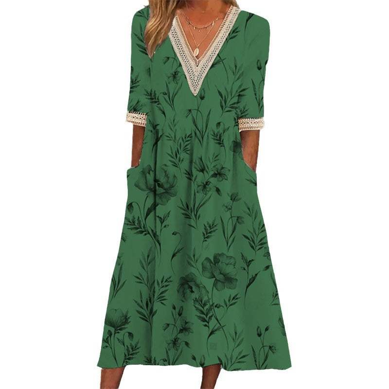 Dame skjortekjole med kunstnerisk blomsterdesign og blondekant Stilla