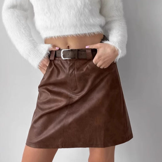 Damer Kunstlæder Mini nederdel med elegant taljebånd og praktiske lommer Stilla