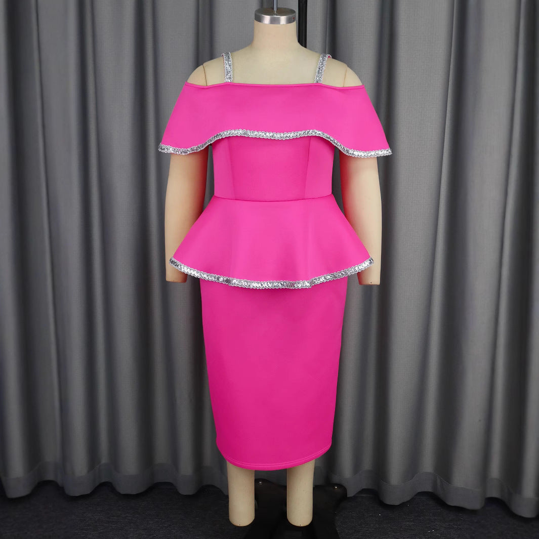 Dame Elegant Cocktailkjole med off-shoulder Volant og glitrende accenter Skovae