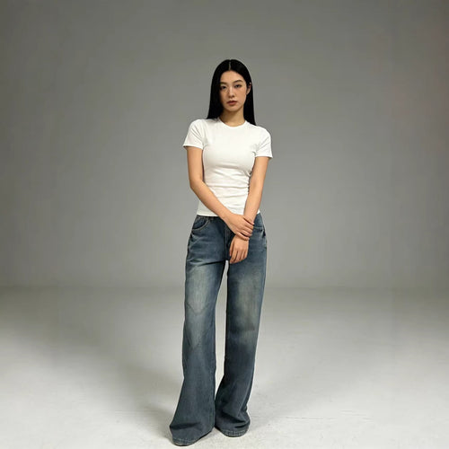 Dame brede High-Waist jeans med afslappet pasform og individuelle vaskninger Skovae